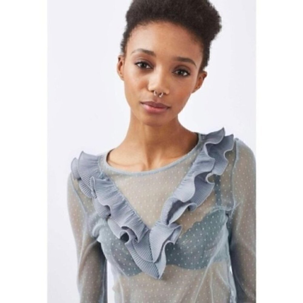 Topshop Blouse 6 NWT V Ruffle Swiss Dot Mesh Sheer Trendy Spring